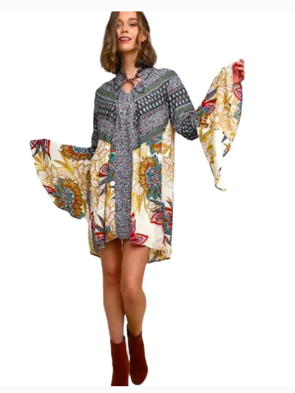 Umgee Mixed Print Boho Festival Floral Paisley Dress Bell Sleeves, Size M